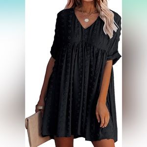 Womens Short Sleeve Mini Dress VNeck Flowy Casual Dress Swiss Dot-NWT